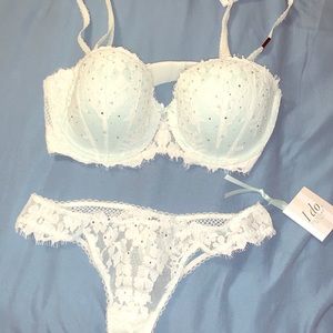 VS White lace with blue accent and gems bra set